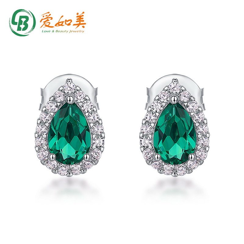 水滴形培育祖母绿耳钉S925银渡18K金PT950铂金满镶耳环高级感耳饰