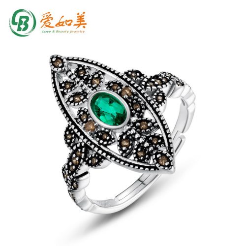 复古S925银渡18K金PT950铂金树叶戒指女个性夸张培育祖母绿指环