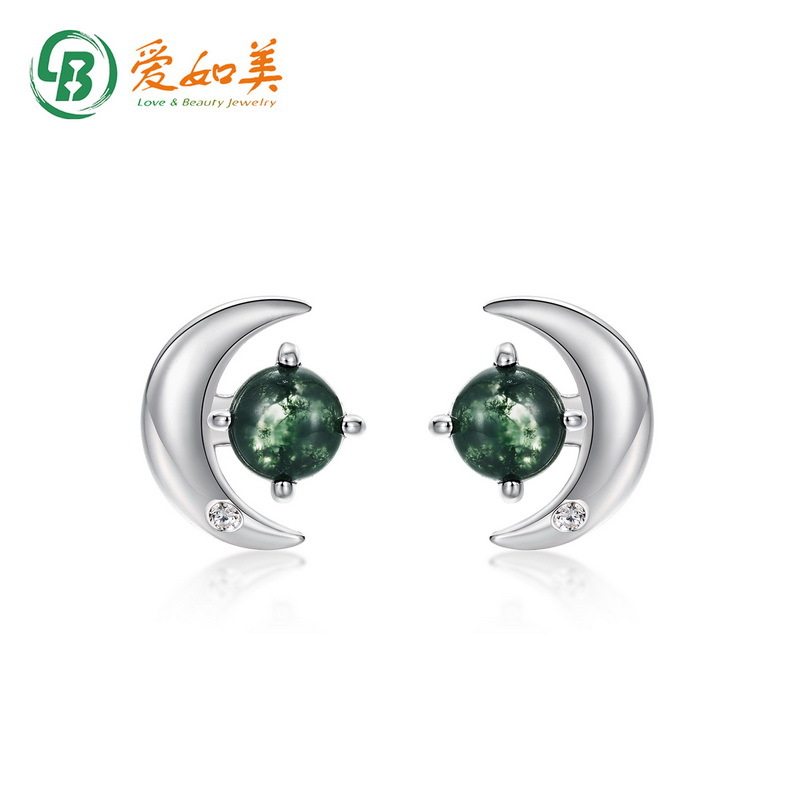绿苔藓弯月耳环时尚流行S925银渡18K金PT950铂金镶水草玛瑙耳钉
