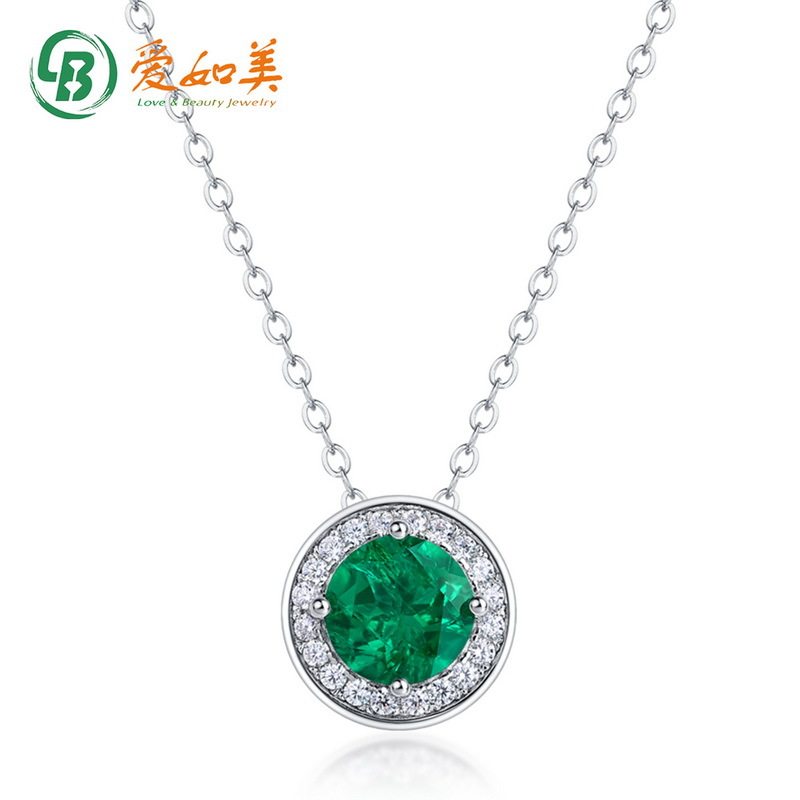 圆形培育祖母绿项链S925银渡18K金PT950铂金培育彩宝满钻锁骨链