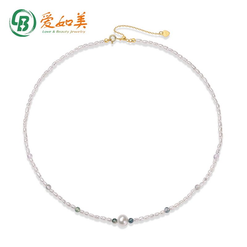S925银渡18K金PT950铂金锁骨链绿苔藓串珠淡水珍珠项链波西米亚