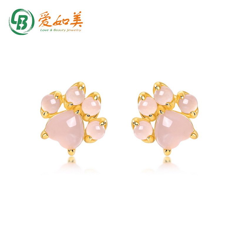 小清新可爱猫爪耳钉女时尚气质S925银渡18K金PT950铂金天然粉晶