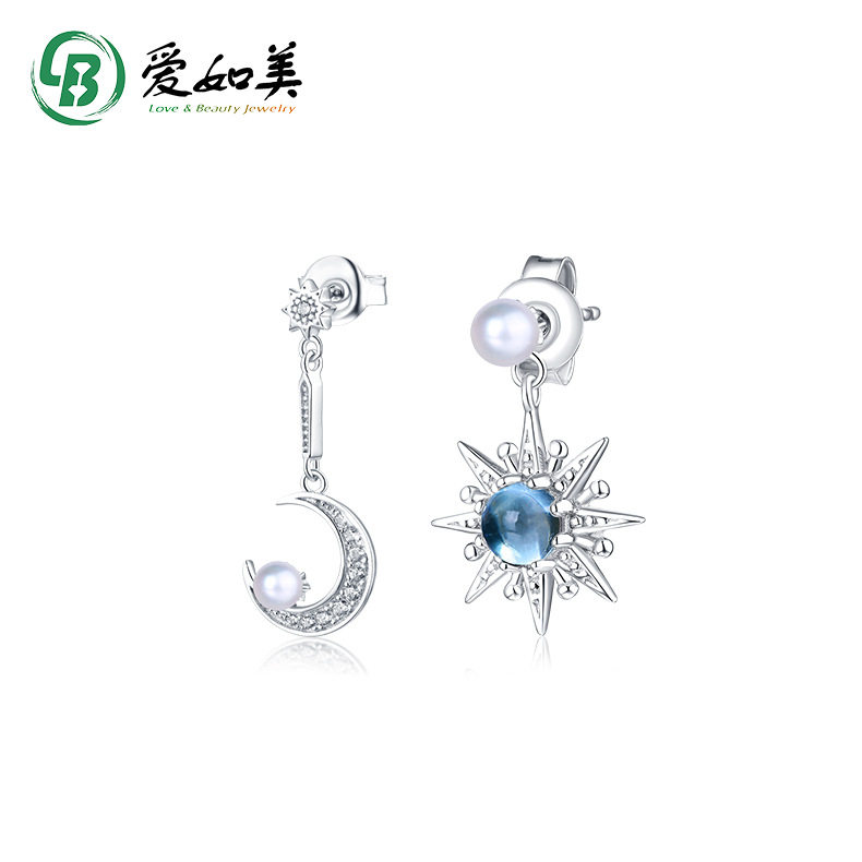 S925银渡18K金PT950铂金日韩珠宝不对称星月珍珠耳环托帕石粉水晶