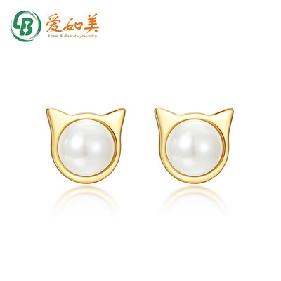 新款时尚可爱小猫珍珠耳钉小众设计S925银渡18K金PT950铂金耳饰