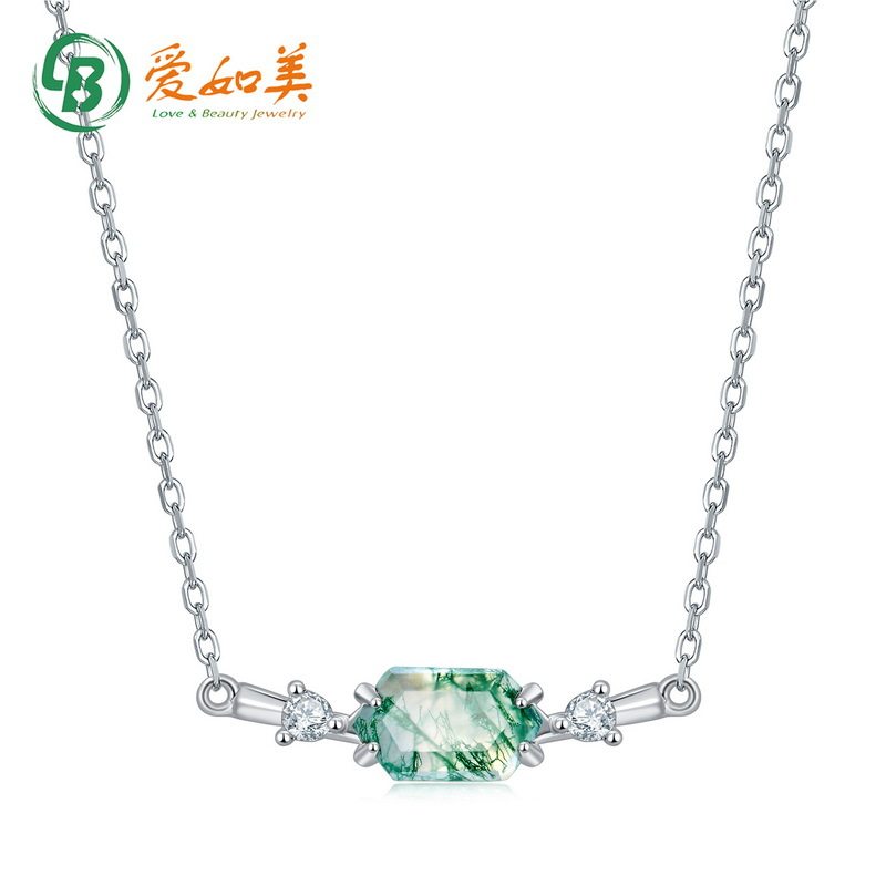 新款几何天然水草玛瑙项链S925银渡18K金PT950铂金镶绿苔藓锁骨链