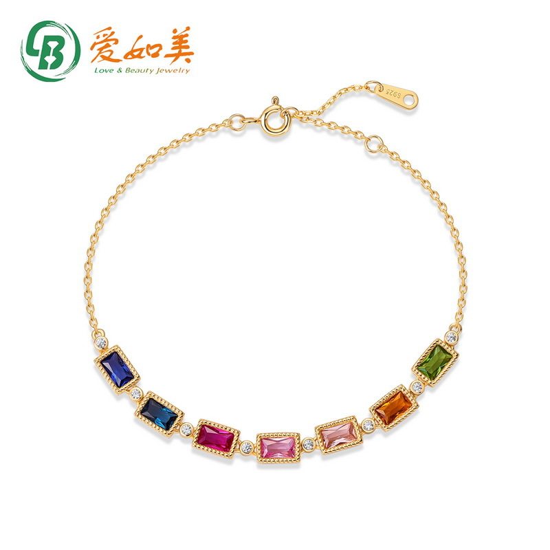 新款轻奢彩虹锆手链S925银渡18K金PT950铂金镀金镶嵌多色彩宝手饰