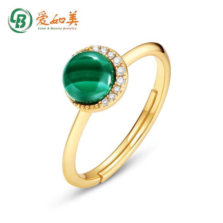 孔雀石弯月几何形戒指女式复古风圆形S925银渡18K金PT950铂金戒指