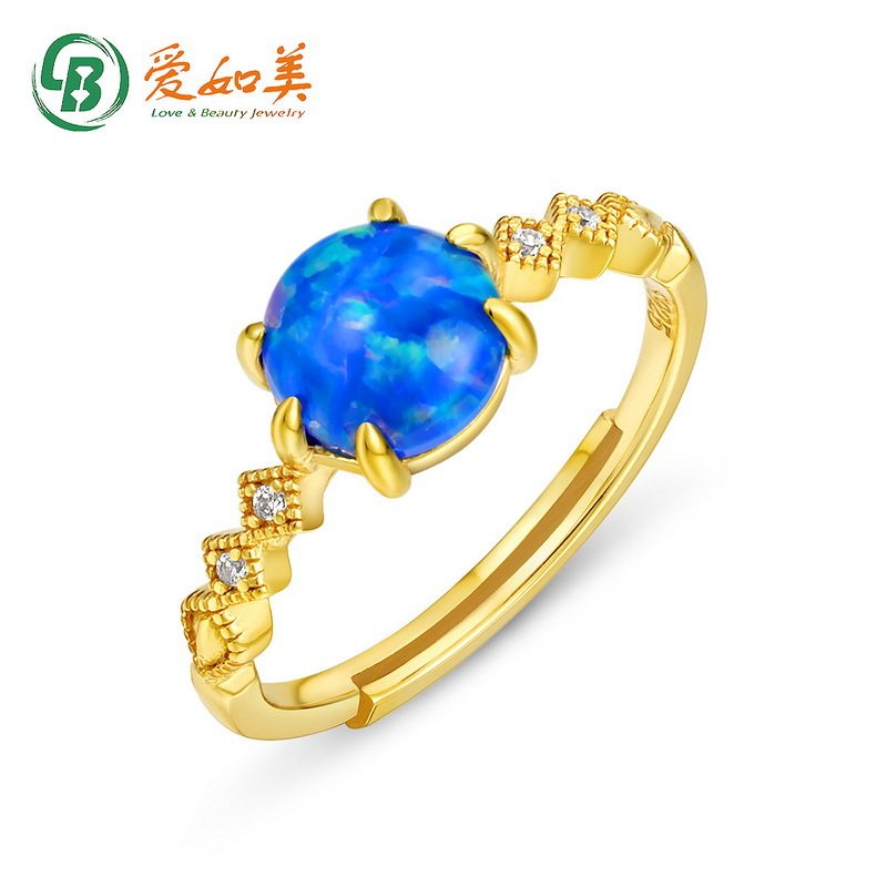 S925银渡18K金PT950铂金轻奢海蓝色合成蓝欧泊戒指女个性精工指环