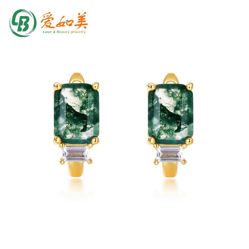 时尚轻奢S925银渡18K金PT950铂金耳饰小清新百搭天然水草玛瑙耳钉