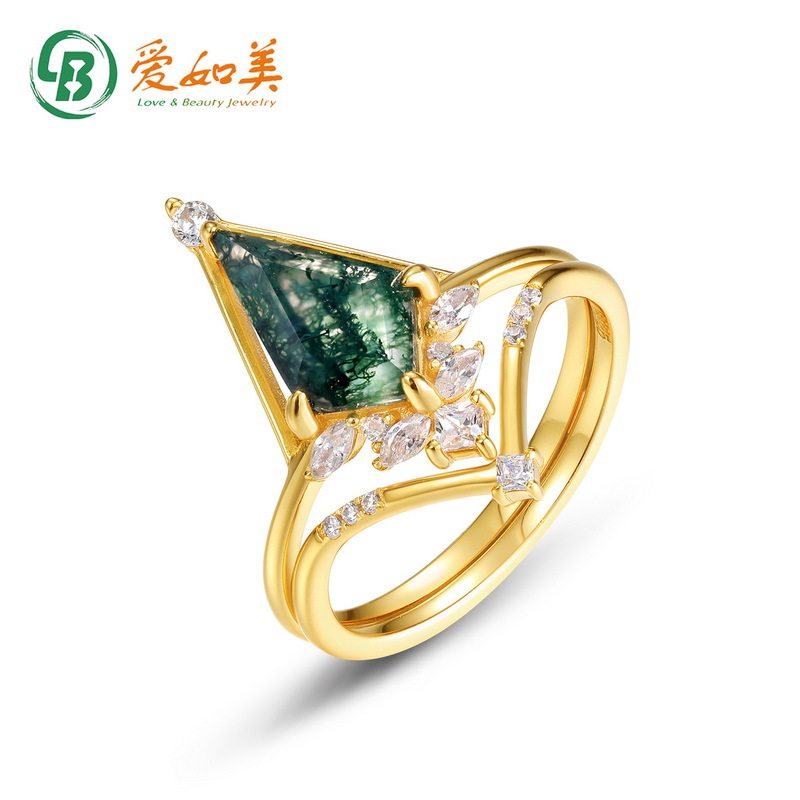 轻奢流行水草玛瑙套戒女S925银渡18K金PT950铂金几何绿苔藓石戒指