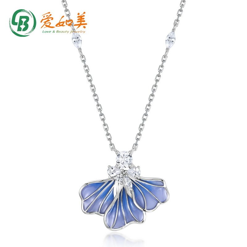 时尚珐琅蓝鸢尾吊坠锁骨链气质花朵S925银渡18K金PT950铂金项链