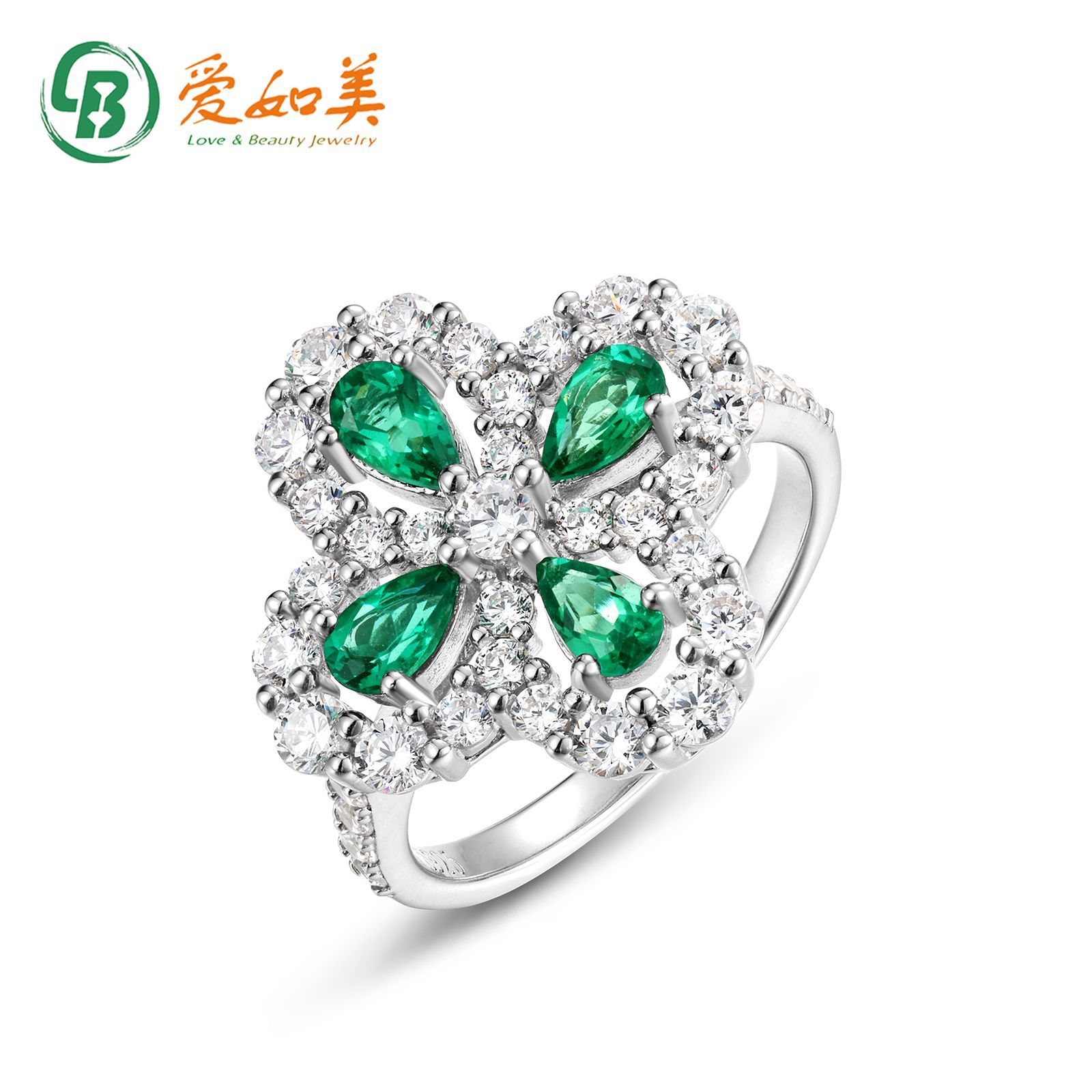 雪花四叶草彩宝戒指女S925银渡18K金PT950铂金培育祖母绿食指戒