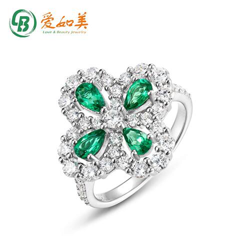 雪花四叶草彩宝戒指女S925银渡18K金PT950铂金培育祖母绿食指戒