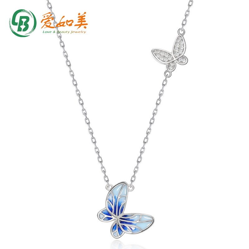 蓝色空窗珐琅蝴蝶项链女时尚气质S925银渡18K金PT950铂金项链小众