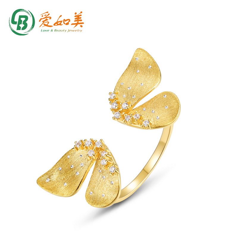 设计创意蝴蝶意大利拉丝戒指女S925银渡18K金PT950铂金戒指手饰