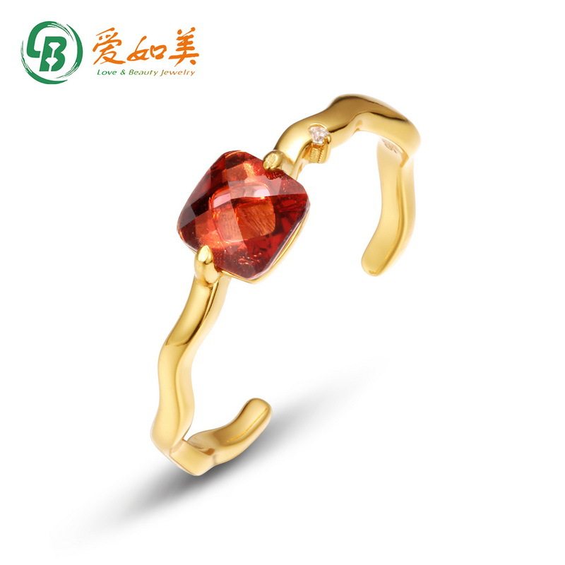 简约几何方形石榴石戒指S925银渡18K金PT950铂金戒指开口可调节