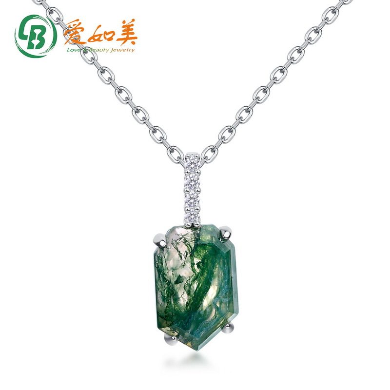 新款几何简约水草玛瑙吊坠S925银渡18K金PT950铂金绿苔藓石项链女