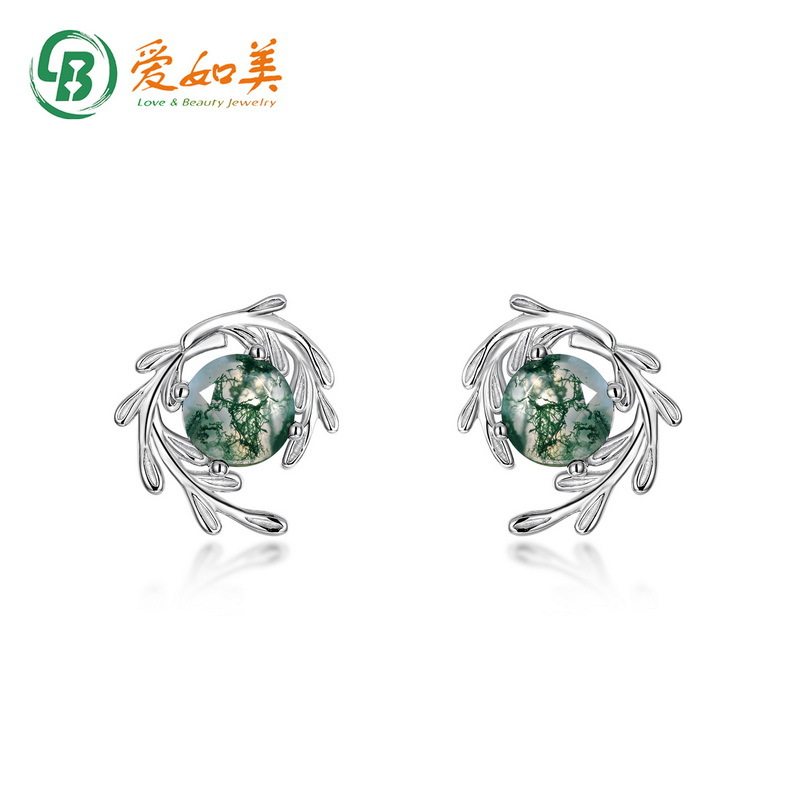 新款轻奢绿苔藓耳环ins风S925银渡18K金PT950铂金水草玛瑙耳钉女