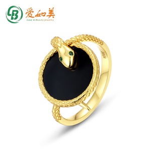 简约个性黑玛瑙戒指S925银渡18K金PT950铂金灵蛇戒指镶绿钻潮流
