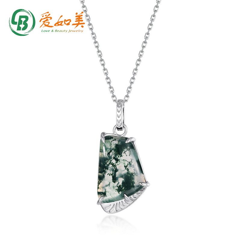 小清新绿苔藓吊坠时尚流行S925银渡18K金PT950铂金水草玛瑙项链