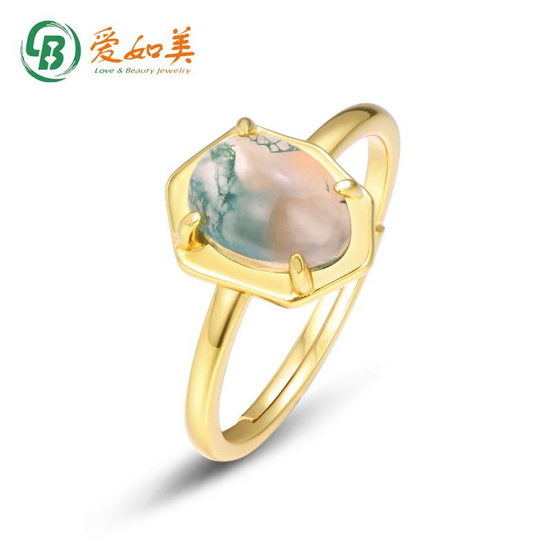 新款几何光面绿苔藓戒指S925银渡18K金PT950铂金戒指开口可调节