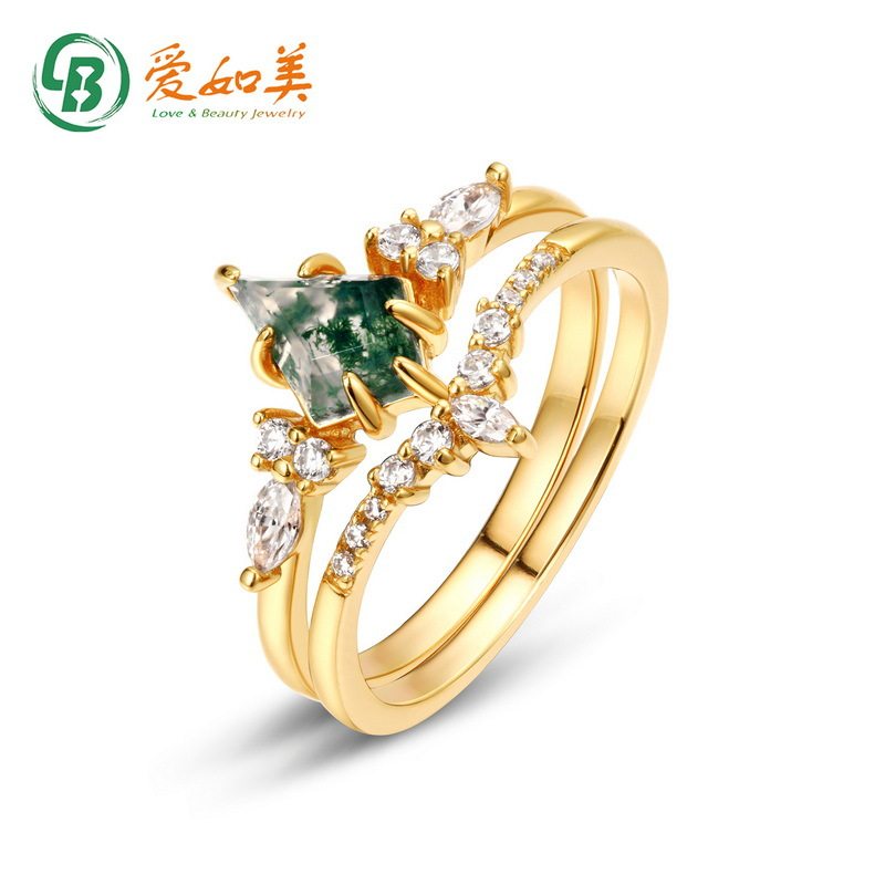 个性新款S925银渡18K金PT950铂金绿苔藓石戒指小清新水草玛瑙指戒