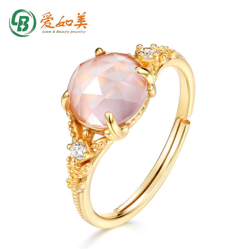 S925银渡18K金PT950铂金天然粉水晶芙蓉石轻奢花朵戒指日本彩宝