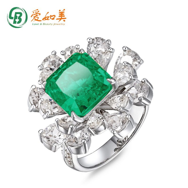个性夸张S925银七层电镀18K金PT950铂金合成祖母绿戒指高级感手饰
