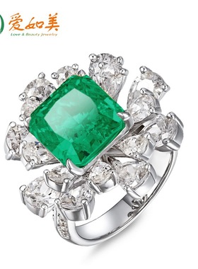 个性夸张S925银七层电镀18K金PT950铂金合成祖母绿戒指高级感手饰