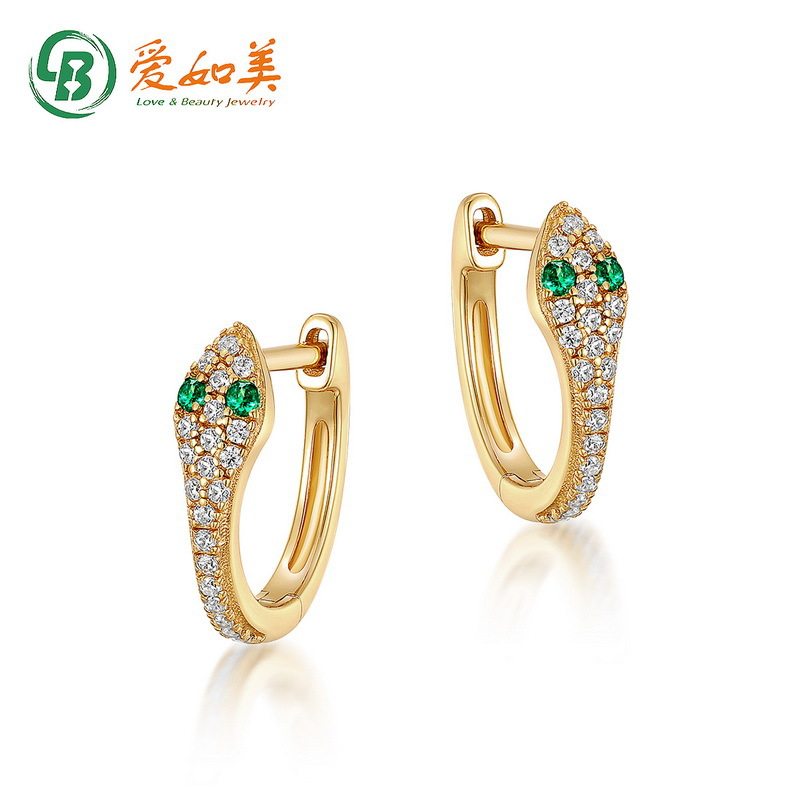 新款灵蛇绿S925银渡18K金PT950铂金耳环时尚彩锆生肖蛇耳圈饰品