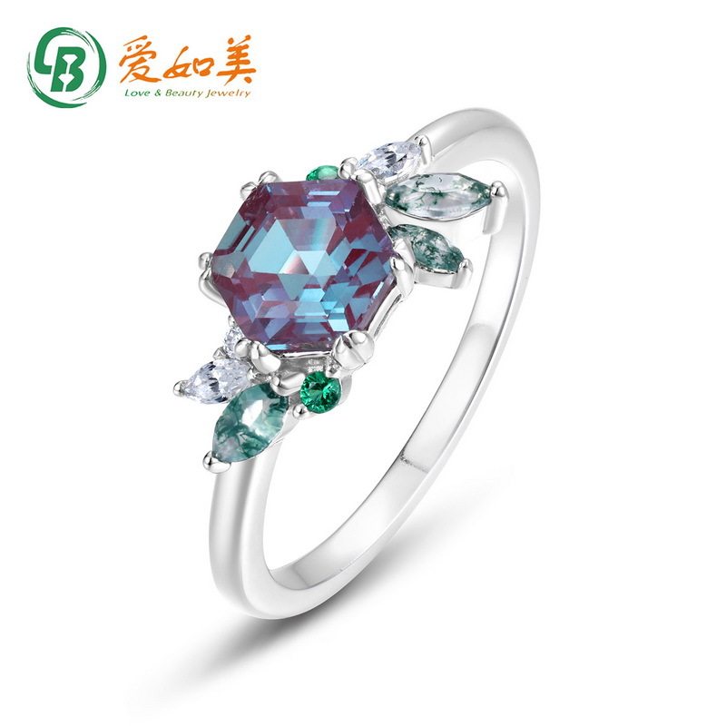 个性时尚几何培育亚历山大石戒指轻奢S925银渡18K金PT950铂金戒指