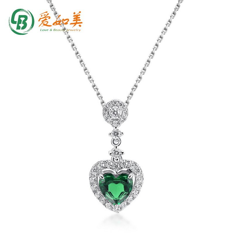 几何心形吊坠女锁骨链S925银渡18K金PT950铂金镶培育祖母绿宝项链