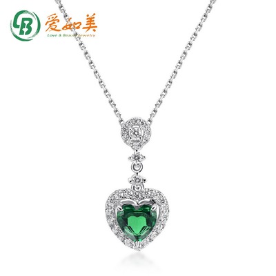 几何心形吊坠女锁骨链S925银渡18K金PT950铂金镶培育祖母绿宝项链