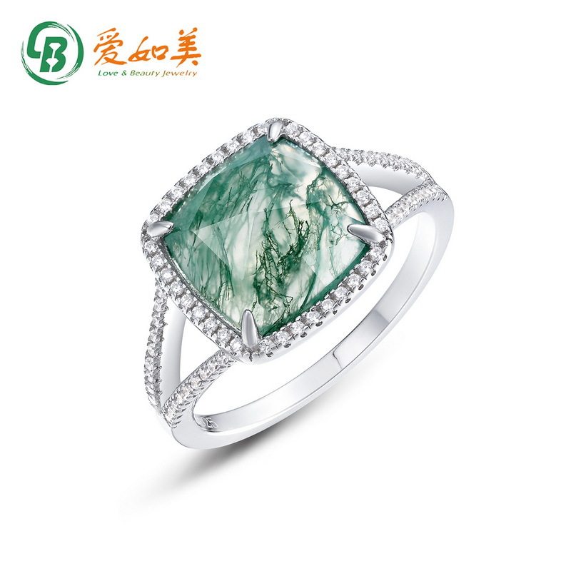 大气简约天然水草玛瑙戒指女S925银渡18K金PT950铂金绿苔藓石指戒