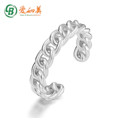 情人节麻花对戒指男款S925银渡18K金PT950铂金几何链条开口戒指