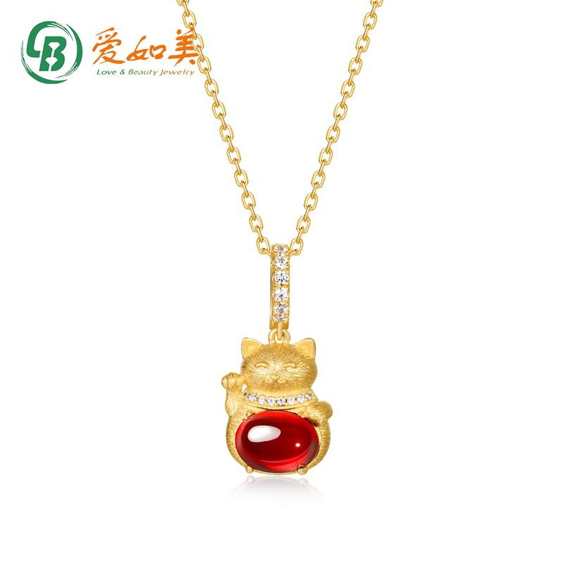 可爱招财猫吊坠锁骨链S925银渡18K金PT950铂金镶石榴石项链项饰