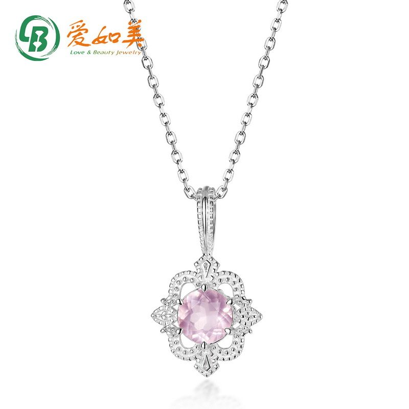 S925银渡18K金PT950铂金芙蓉石项链小清新花纹粉水晶吊坠锁骨链