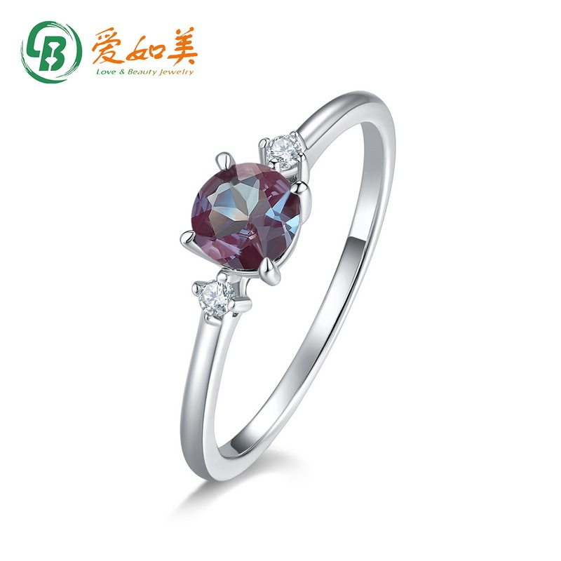 S925银渡18K金PT950铂金时尚亚历山大变色石戒指女几何百搭精致