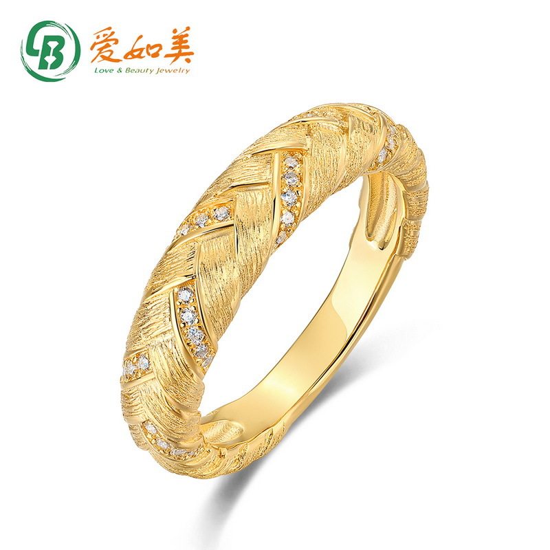 法式轻奢编织拉丝戒指麦穗S925银七层电镀18K金PT950铂金镶钻戒指