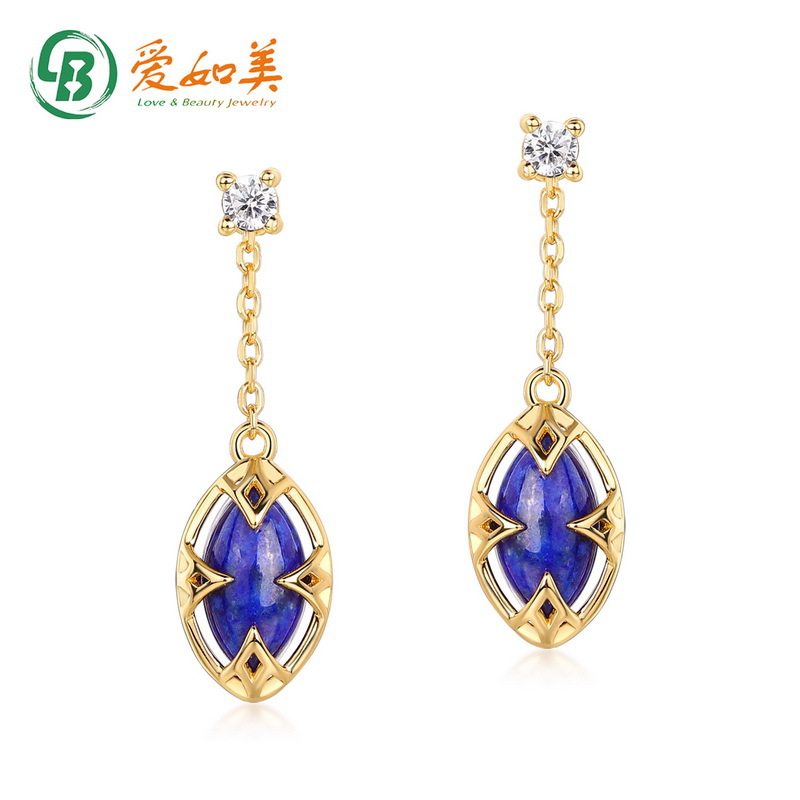 新款时尚流行S925银渡18K金PT950铂金耳环女白水晶青金石长款耳钉