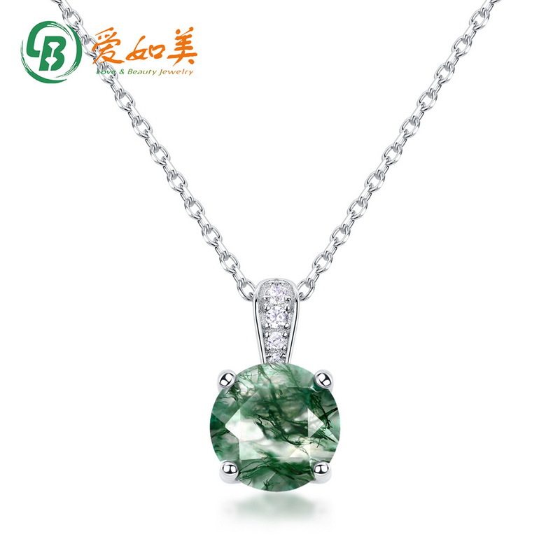 新款时尚简约几何绿苔藓吊坠S925银渡18K金PT950铂金水草玛瑙项链