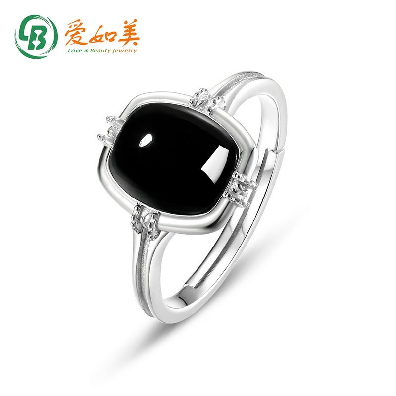 新款简约几何型黑玛瑙戒指时尚流行S925银渡18K金PT950铂金戒指女
