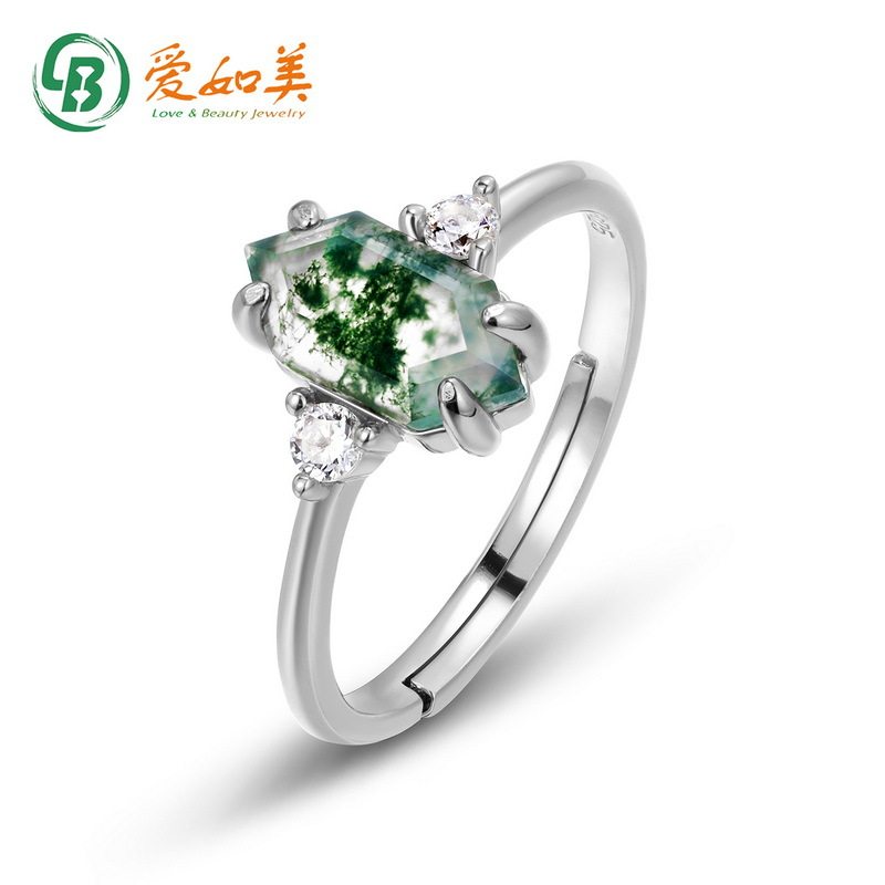 个性高级S925银渡18K金PT950铂金绿苔藓女款戒指水草玛瑙指戒高贵