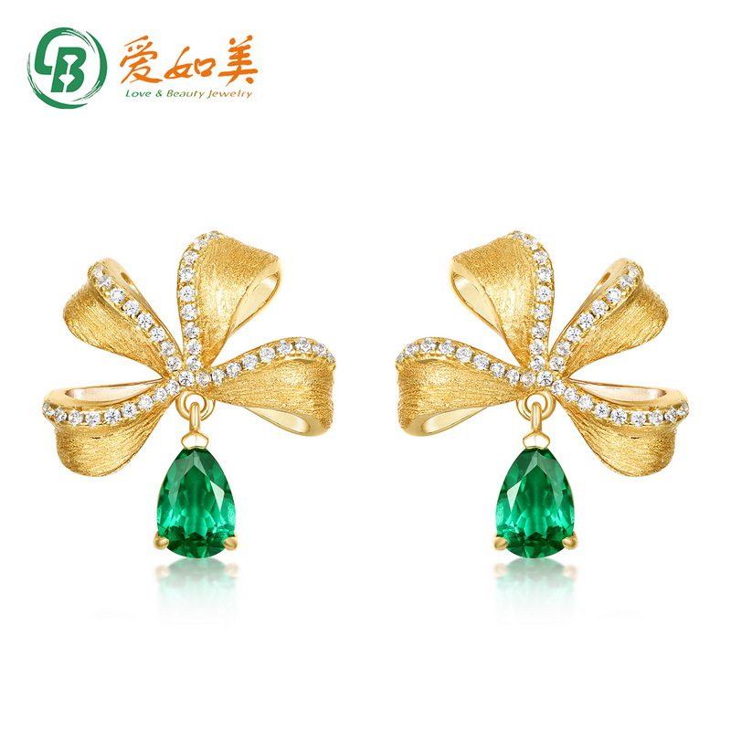 培育祖母绿耳钉轻奢高级感S925银渡18K金PT950铂金蝴蝶结拉丝耳环