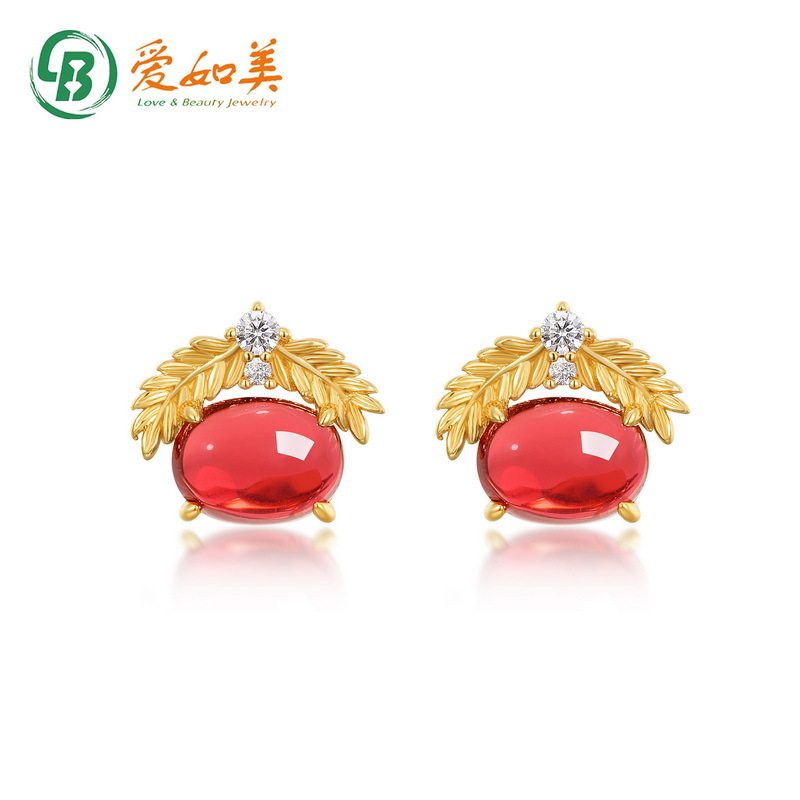 新款时尚百搭法式麦穗石榴石耳钉女S925银渡18K金PT950铂金耳环