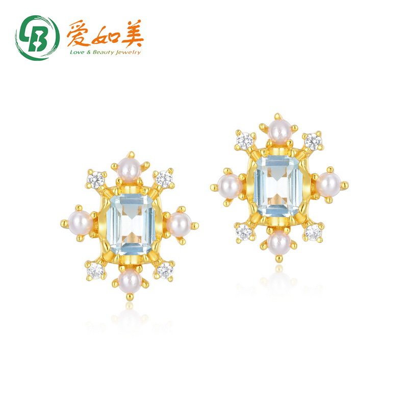 日韩轻奢天然蓝托帕石耳钉女气质百搭S925银渡18K金PT950铂金耳环