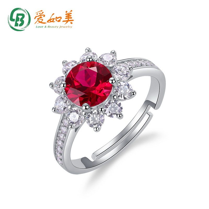 新款太阳花培育红宝戒指女轻奢S925银渡18K金PT950铂金开口戒高级