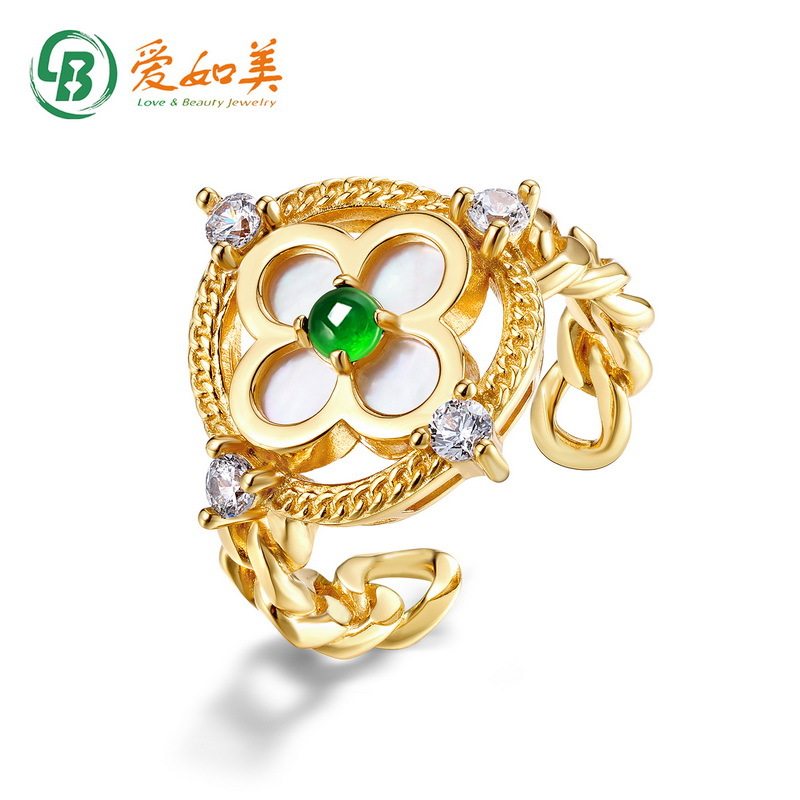 设计复古宫廷风白贝窗花戒指女S925银渡18K金PT950铂金翡翠指环