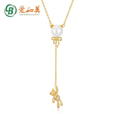 S925银渡18K金PT950铂金情人节小熊与气球轻奢项链女天然珍珠项链