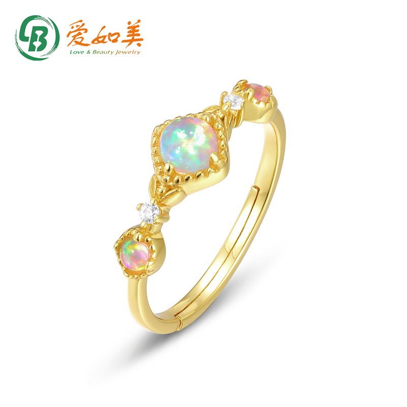 新品日韩个性轻奢人造欧泊戒指S925银渡18K金PT950铂金镀金戒指女